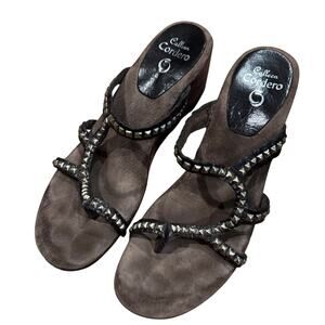 Calleen Cordero Cruz N Wedge Sandals Size 8.5? Leather Brass Accent Slip On